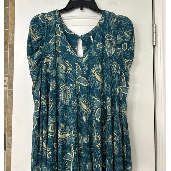 Free People Hello Lover Turquoise Floral Puff Sleeve Mini Dress Tunic Top L Boho - Picture 7 of 16